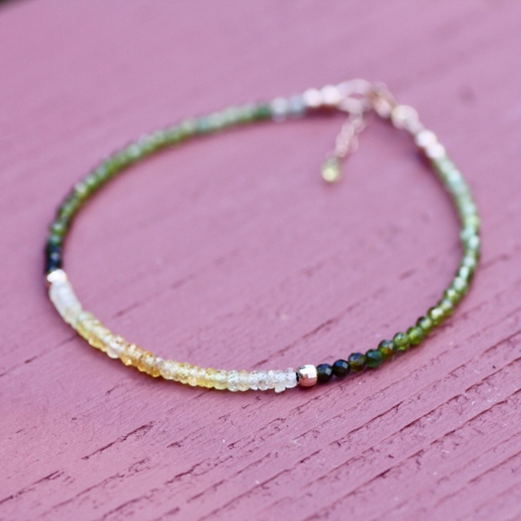 Natural Yellow Sapphire Green Tourmaline Bracelet Solid 14K Rose Gold , 7.1" - Picture 1 of 11